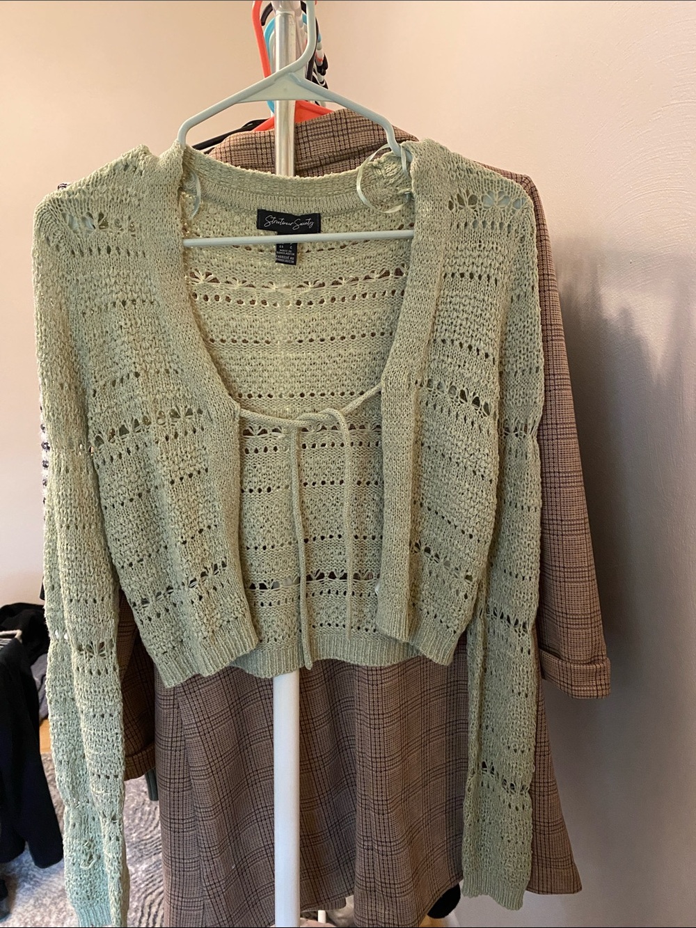 Streetwear Society Pastel Green Openwork Cropped Tie-Front Cardigan